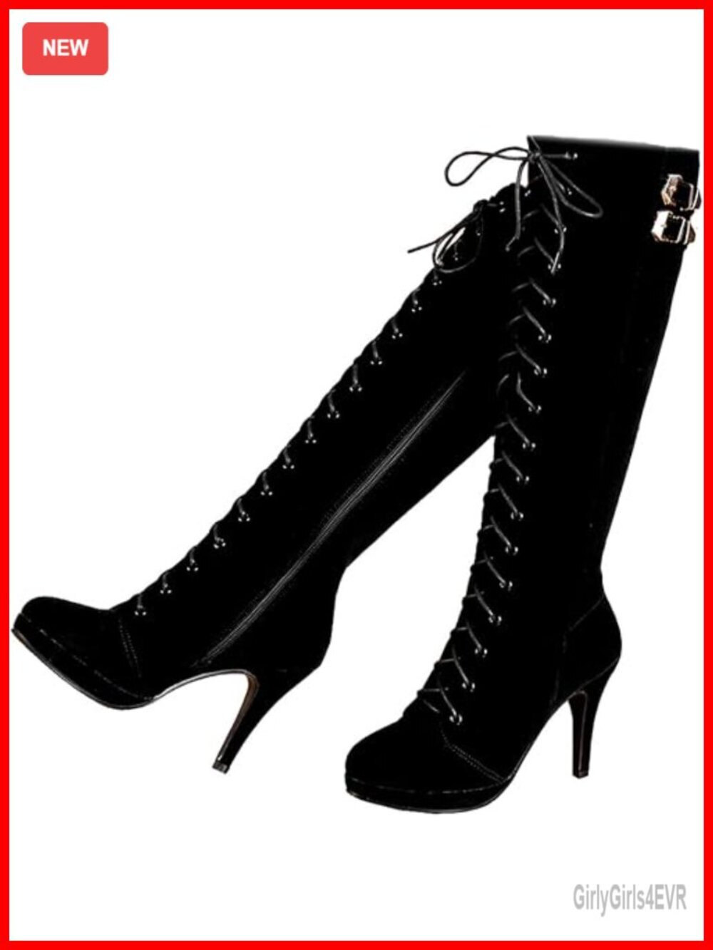 Suede Knee High Lace Up Heeled Boots with Side Zipper & Buckle